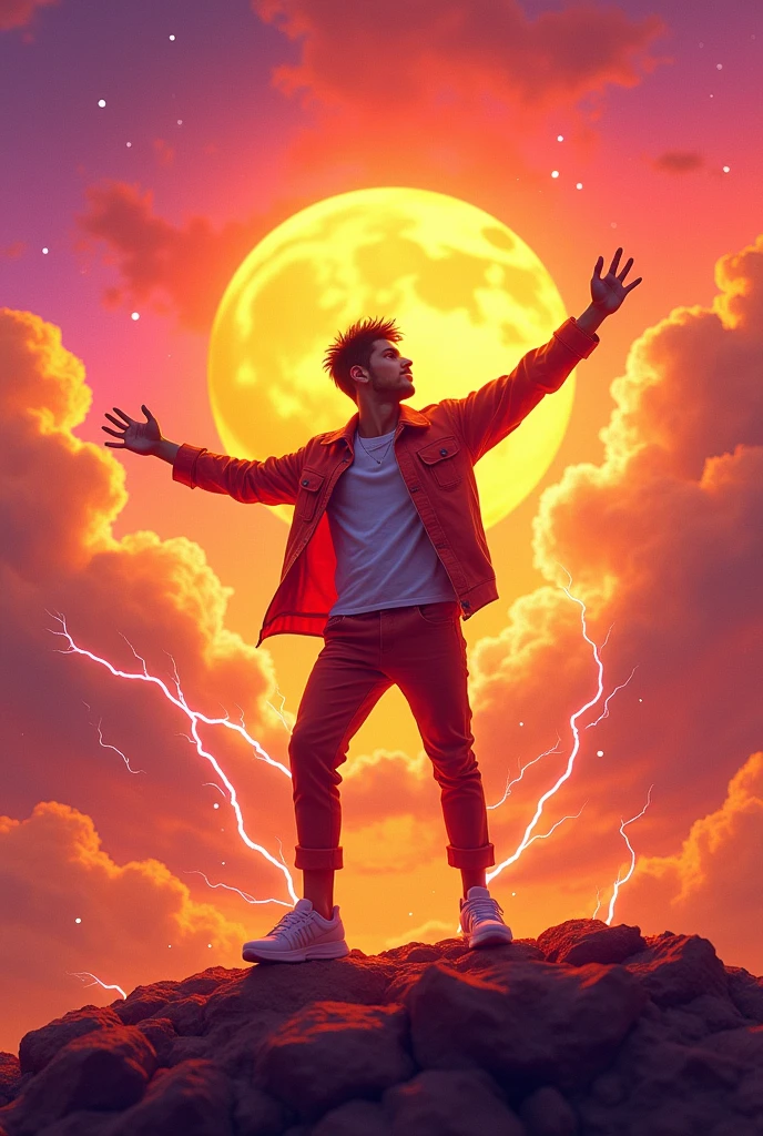 A vibrant sunset scene with orange gradients, pink and purple in the sky. A young man with a reggaeton style, in a victory pose, with brightness around it. Flames and lightning around the character, movement lines for dynamism. Radiant sun overhead and bright stars in the sky. positive and inspiring energy.
2138769277