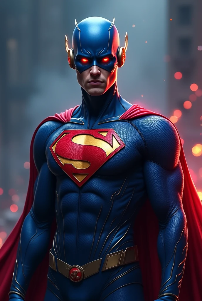 Flash with blue suit and superman symbol without cape, closed mask and red eyes