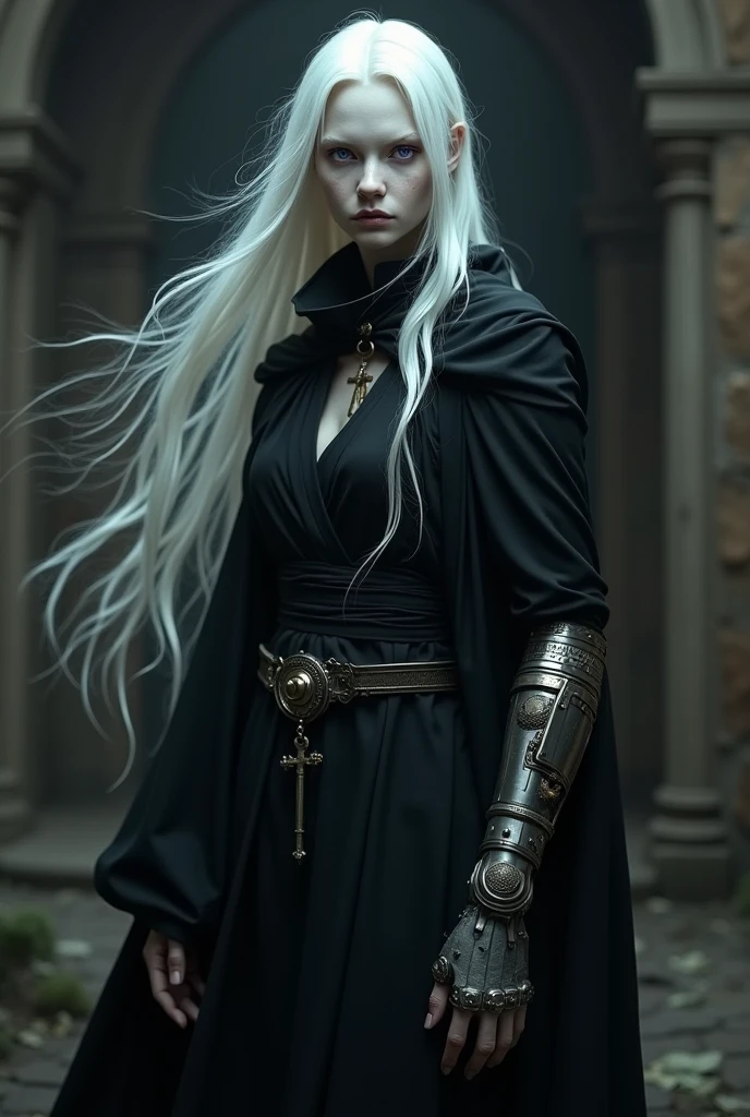 Middle Ages Albino with White Hair Violet Eyes, black robes with a collar with a small cross, and with the steampunk prosthetic left arm