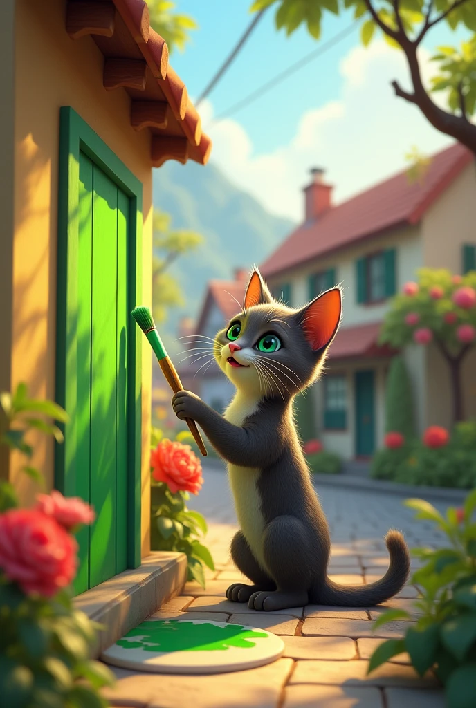 A cat paints the wall of house in beatifull hometown with green surrounding 