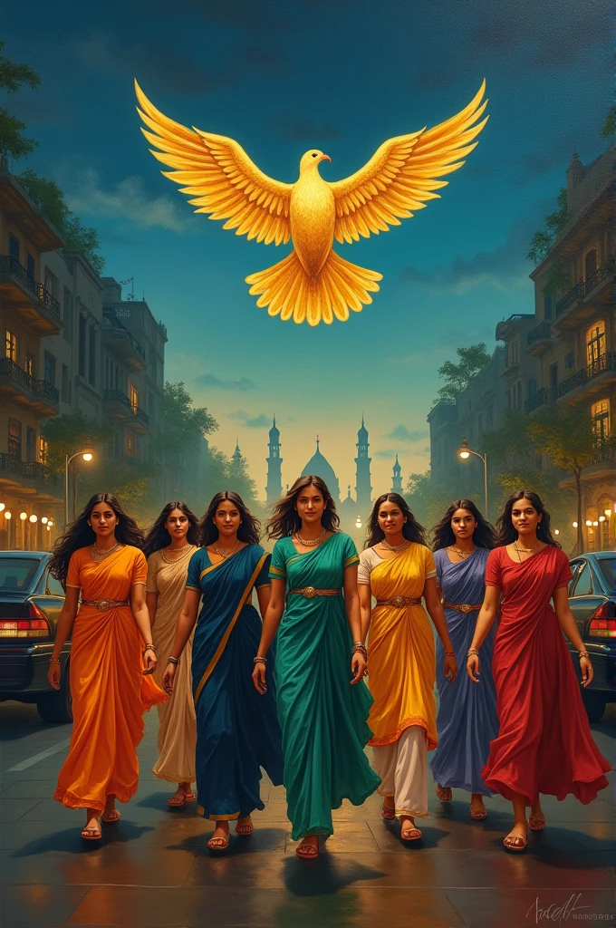 Create a painting showcasing women safe at nights, and a golden burd related to Viksit Bharat 2047 and play with light and shadows