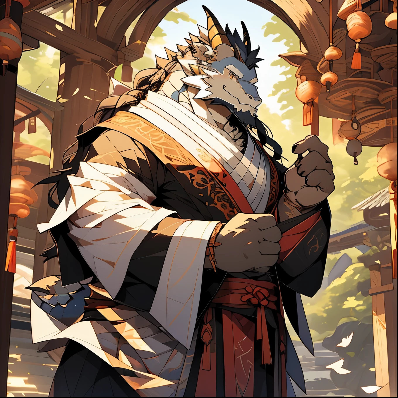 (masterpiece), (best quality), (Extremely detailed), (1Male Dragon), (Wearing a fairy robe fluttering), permanent, Fashion Taoist robe, ( Majestic and peaceful eyes, Handsome dragon man), Face Focused, Ponytail, Kamisato Ayaka, Light golden eyes,Light black skin
, Middle-aged Dragon,Bearded,Long beard and fairy-like,Kind face