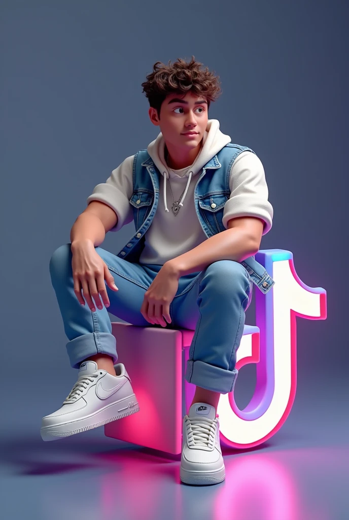 créez une illustration 3D d'un personnage aimée Assis de manière décontracté au-dessus d'un logo de media social « tik tok  » le personnage doit porter des vêtements moderne et décontracté qu'une veste en jean et des chaussures de sport Nike air de couleur blanche.  Le fônd de l'image est une page de profil du media social avec un nom d'utilisateur “Tarno Gnimtou  Raoul/ 24k abonné" et une photo de profil qui correspond,