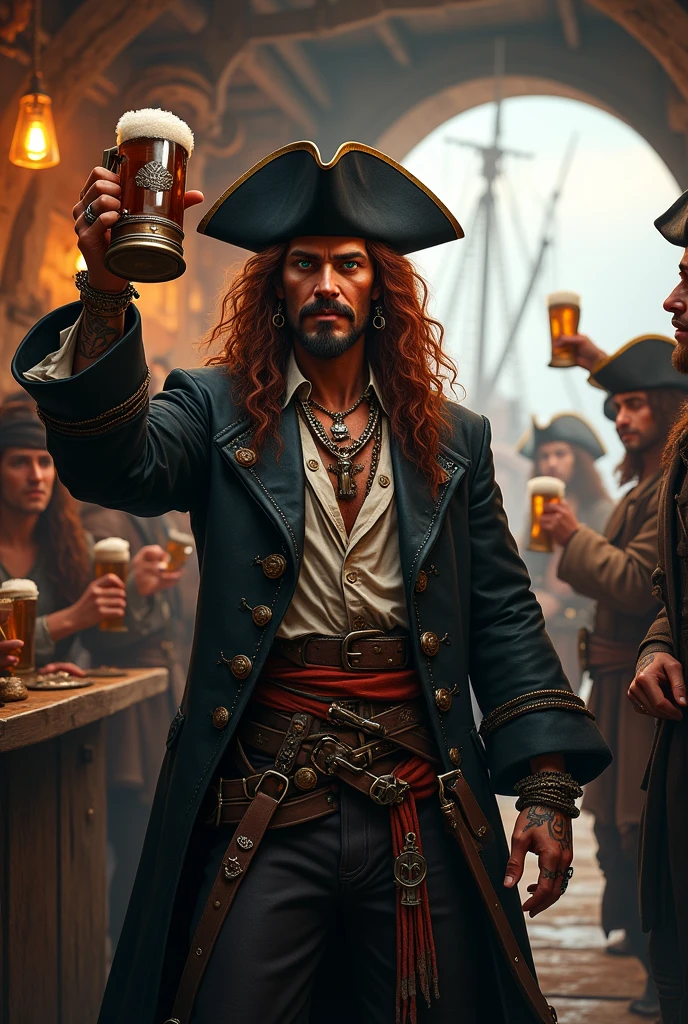 Generate the image of a pirate for a DnD campaign. A pirate with a scammer face. He has long dark red curly hair, he has no facial hair. His eyes are emerald green, and has a small scar on the bridge of his nose. He’s wearing a pirate hat in black leather, a long dark trench coat, under the coat a soft shirt half open, with an old leather filet. He’s wearing many bracelets and necklaces, he has many tattoo. He’s drinking and cheering at the pub with many other sailors, in the background a pirate harbor