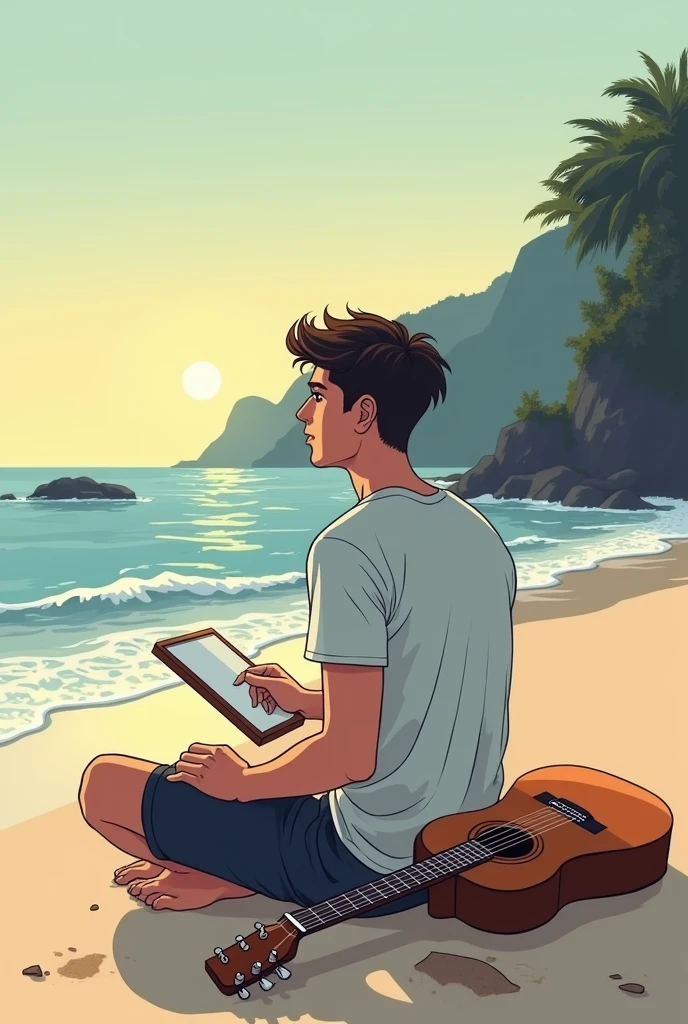 Create A young man sitting lonely in the beach seeing the waves in the evening time with paper placed down at the right side ,and  guitar placed at the ground easy sketch outline drawing