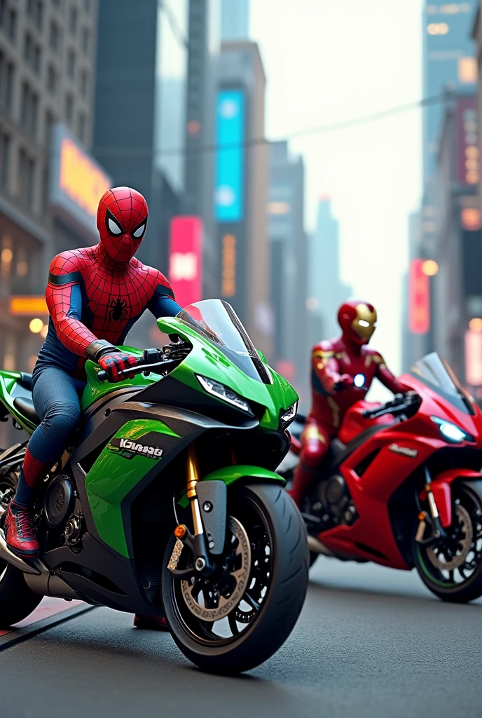 3 kawasaki super bikes near the spiderman and iron man
