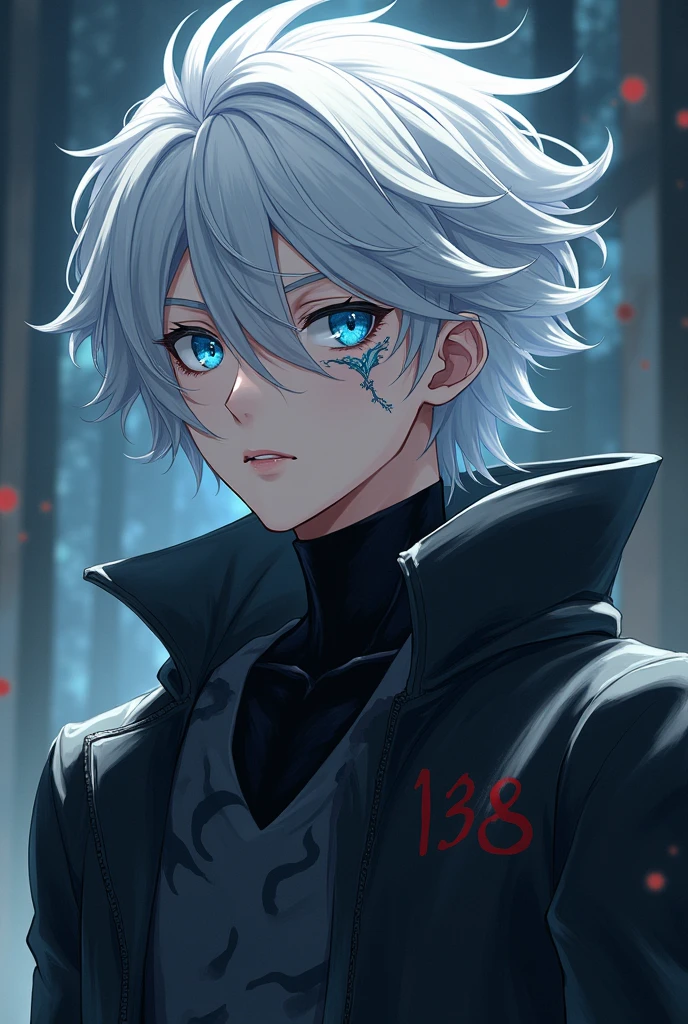 Create a male anime character with white hairs  and eyes colour should be sky blue and wearing a black coat with symbol 138 and having a scar on his face  making him beautiful