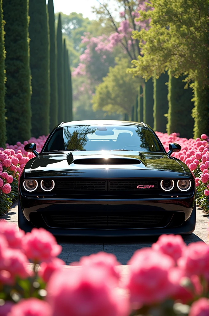 Black muscle car in pink garden