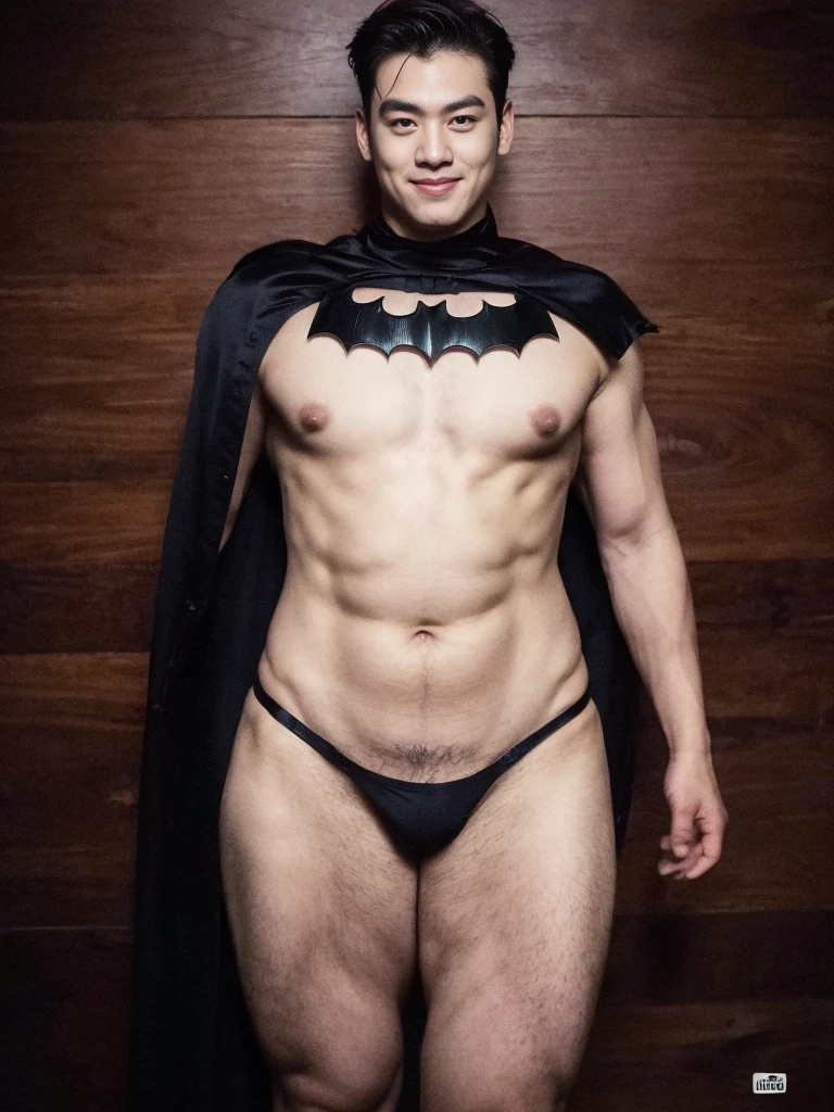 ((Men only)),   (handsome man in his 20s), ((batman)), ((Batman's appearance is characterized by sexy micro thong , adorned with a bat emblem)), (Mischievous smile),  HIG quality, beautidful eyes, (Detailed face and eyes), (Face、: 1 / 2), Noise, Real Photographics、... .PSD, Sharp Focus, High resolution 8K, realisitic & Professional Photography, 8K UHD, Soft lighting, High quality, Film grain, FujifilmXT3 ,sexy , NSFW , eroticism , full length shot(fls)  ,standing, (thick thighs , phat fat hips ,wide pelvis , skindentation & wide hips) , handsome boy ,  smirk , grins , K-pop idol looking ， (phat hips ， unrealistic wide hips , unrealistic wide pelvis , plump hips),  bare thighs, bare chest , bondage collar , narrow waist , snacted waist , (((only boy , only male , only man)))