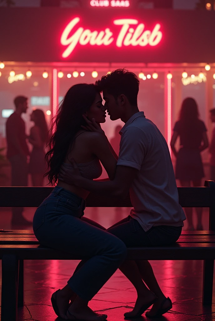 A yung couple on the frant of club named girl radhika and boy named nagu with romance of the bench inthe front of club and back side many girls and having more romance between couples the girl wear the no clothes and boy having no clothes