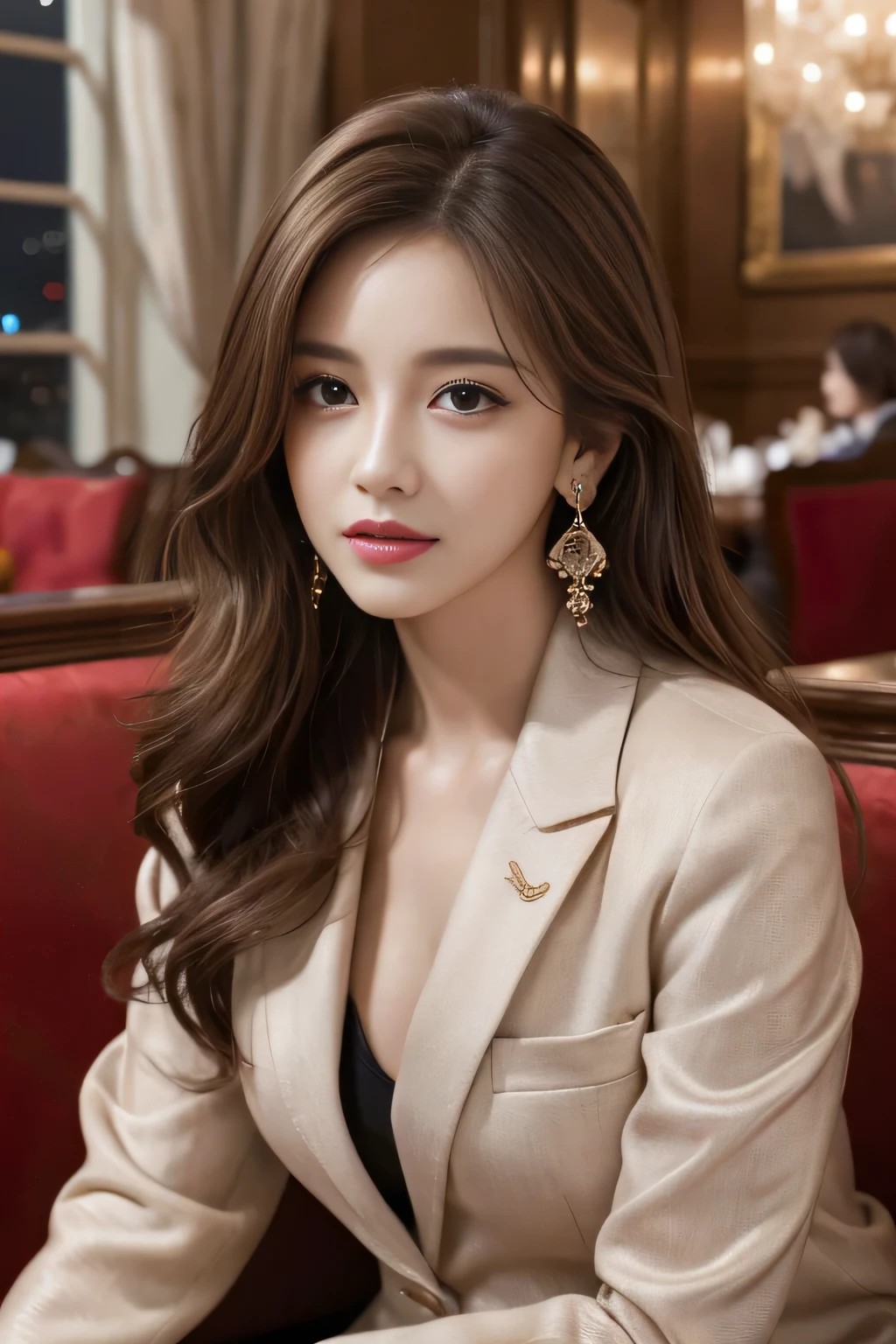 masterpiece, Highest quality, Realistic, Very detailed, Finer details, High resolution, 8k wallpaper, One beautiful woman, Wear a nice suit, In a great restaurant, At night, Light brown messy hair, Perfect dynamic composition, Beautiful and beautiful eyes、Big earrings、Sit on the sofa