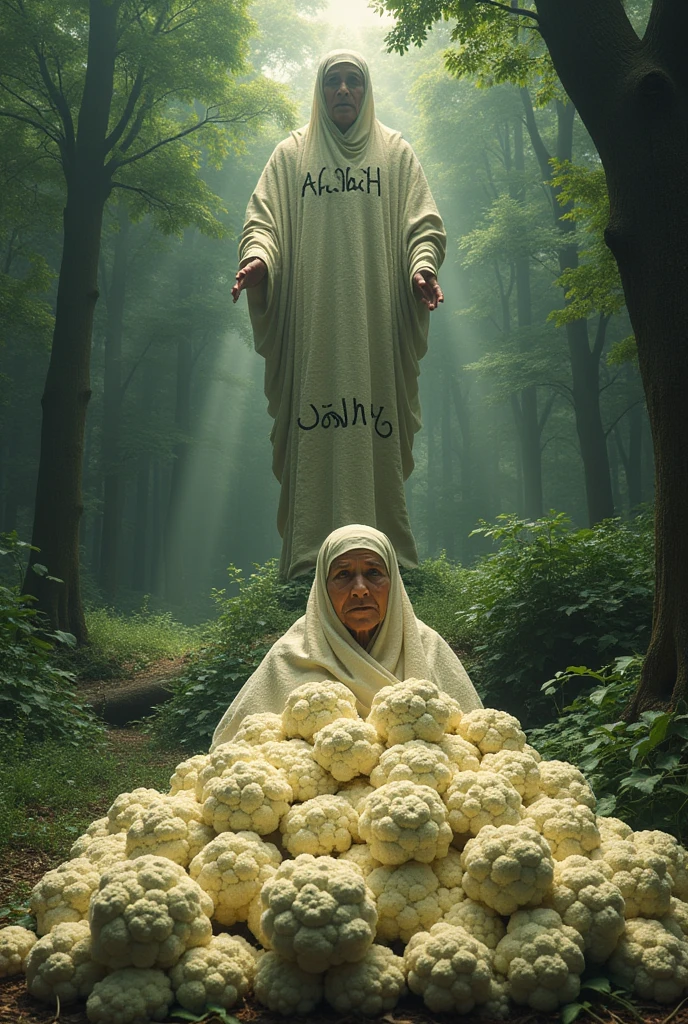There are 1000 cauliflowers placed on a 120 year old woman on which Allah is written and on top of that a very big Allah is written and they are going into a wonderful forest.