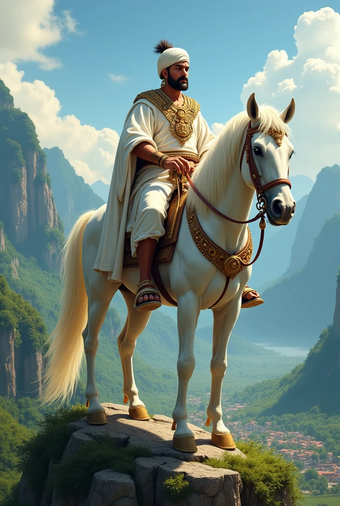 A king on his white horse in top of forest mountain from where village can be seen, King having round moustache no beared, round earrings, big sword in hands, wearing white turban white clothes, wearing Jewlleries.
