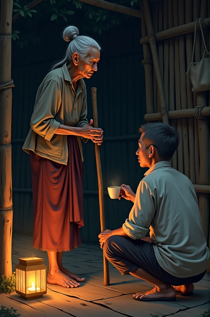A stooped old Burmese grandmother Standing without a topcoat, bent over, holding a staff in her hand, looking straight ahead, a middle-aged man is kneeling and offering a cup of water to an old woman, only the back can be seen, inside a bamboo house at night.