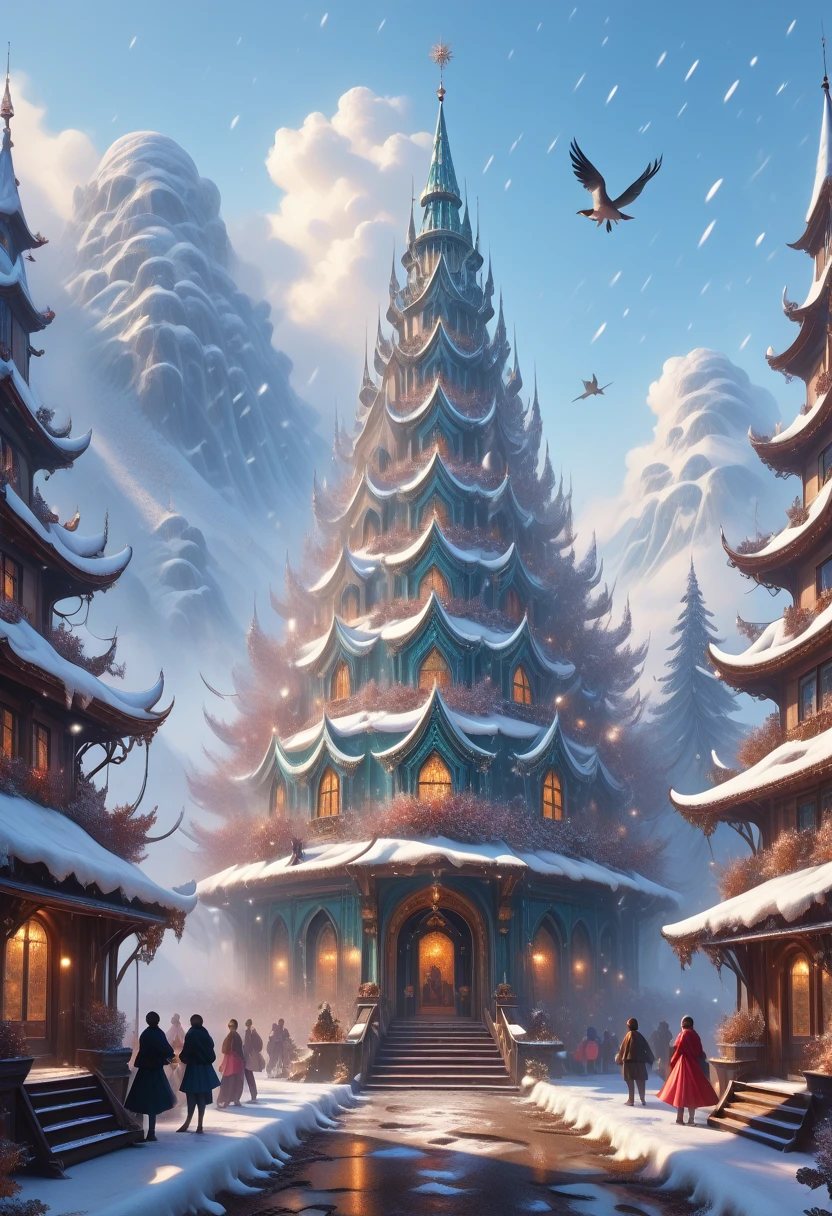 score_9, score_8_up,score_7_up, masterpiece, best quality, perfect anatomy, very aesthetic, official art, 8k, girl alone, sexy, of heavenly beauty, goddess, curvy, More Average Breasts, Beautiful Sparkling Hair Long Voluminous, Snowy Village Background, Lots of Snow, snowing, Bright Sparkles, Snowflakes are circling, The wind is light, Birds Sit on Trees, Northern Lights in the sky Very Beautiful Many colors, great atmosphere, full height, full detailed, masterpiece, Huge Scale Painting Wallpaper, Best quality, Fairytale and Fantastic Atmosphere, 