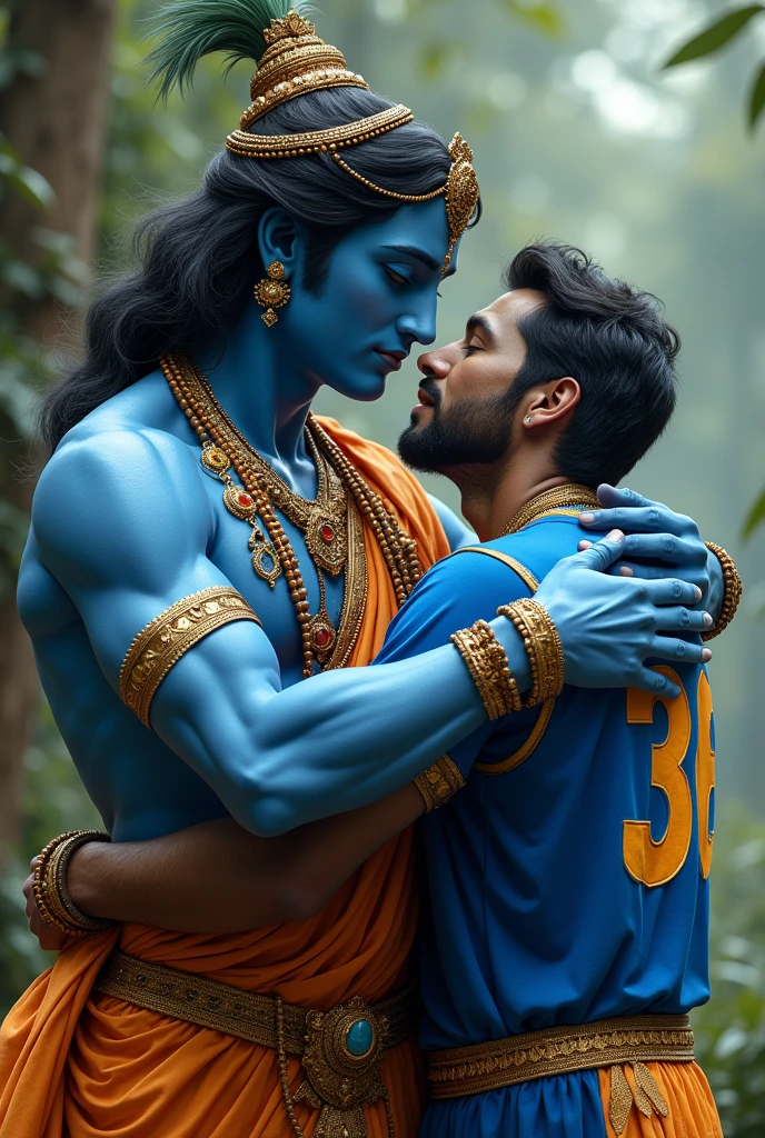 Krishna god hugs a man wear of Krishna Jersey 