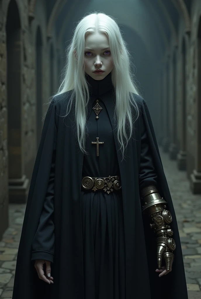 Middle Ages Albino with White Hair Violet Eyes, black robes with a collar with a small cross, and with the steampunk prosthetic left arm