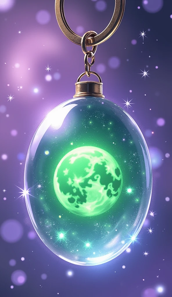 A keychain made of green magic moon pendant，Colorful lights flashing in the transparent glass，There are detailed stars in the background，Anime art style，Detailed Disney character designs，With detailed illustrations。It has twinkling effects and glowing stars，Light purple and white background，Purple theme，Glowing colors，There are twinkling stars around