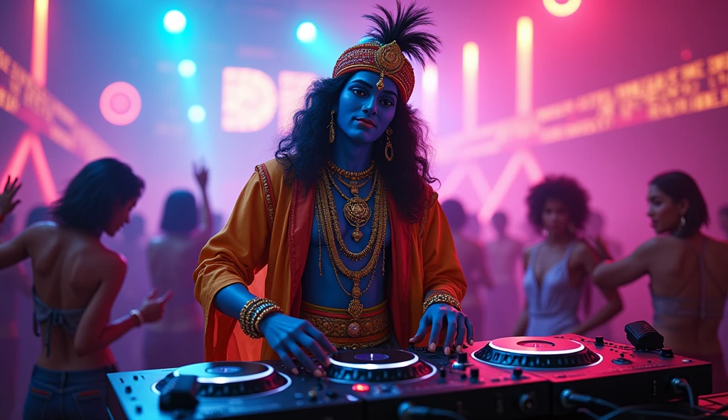 Create a cool lord krishna as dj playing with his gadget. In hippi look ,enjoying face, people are dancing i. His dj music in neon light