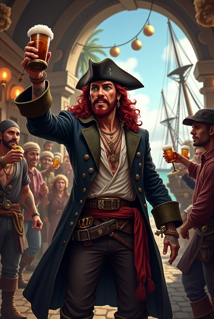 Generate the image of a pirate for a DnD campaign. A pirate with a scammer face. He has long dark red curly hair, he has no facial hair. His eyes are emerald green, and has a small scar on the bridge of his nose. He’s wearing a pirate hat in black leather, a long dark trench coat, under the coat a soft shirt half open, with an old leather filet. He’s wearing many bracelets and necklaces, he has many tattoo. He’s drinking and cheering at the pub with many other sailors, in the background a pirate harbor