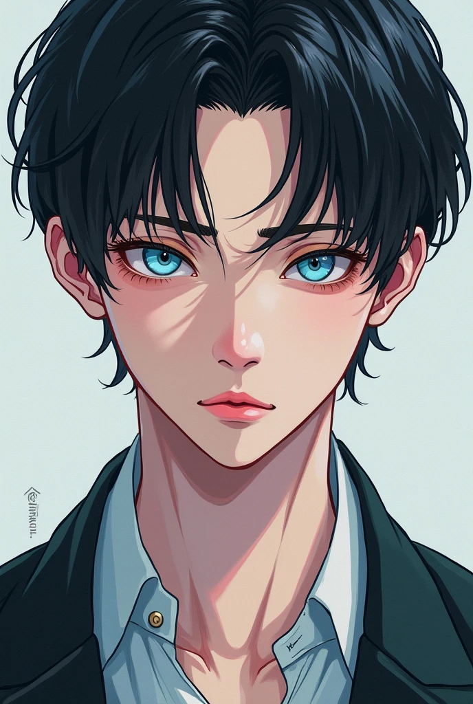  manhwa of a  man, short black hair, the small, slanted, seductive eyes, pastel blue pupil, without expresion