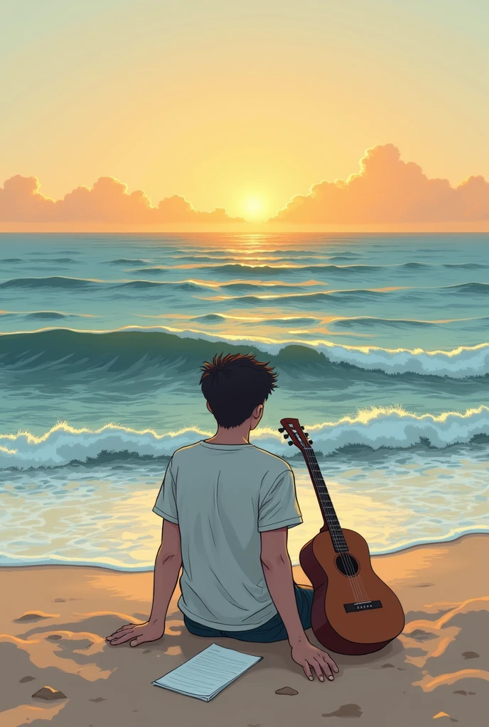 Create A young man sitting lonely in the beach seeing the waves in the evening time with paper placed down at the right side ,and guitar placed at the ground easy sketch outline drawing in back view