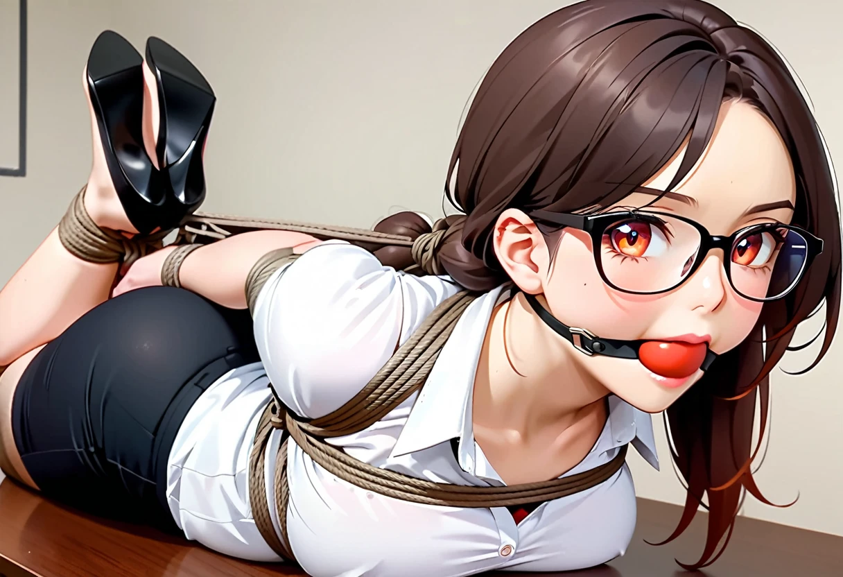 Close-up shot of a sexy woman, Gorgeous with captivating eyes and perfect makeup, radiant childhood friend, emphasized by the shirt,pencil skirt, Show off your sexy figure with big thighs and wide hips, provocative. tie (Shibari, tay bị tie sau lưng: 1,5), (Shibari: 1,21), Bị tie, chân bị tie, gag with drool ball,wearing red ballgag glasses ,in class