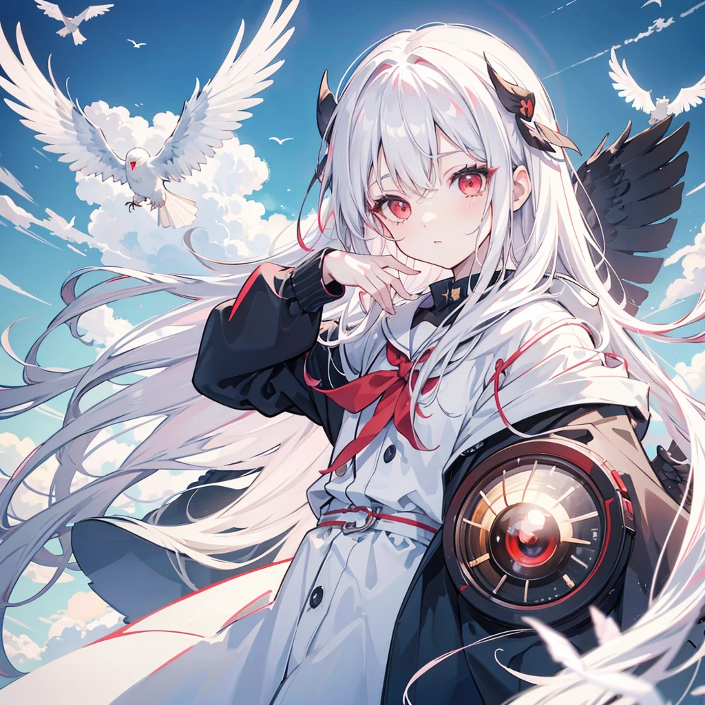 kawaii, anime, Cute, hyper quality, highly detailed, 8k, Clarity, Draw facial expressions in detail, red eyes, white hair, long hair, highlight on eyes, cloudy sky, Pose looking up at the sky, put on a jacket, fantastic, light shines, aerial view, Shige expression, A bird flaps its wings in the sky, in the forest, upward glance,