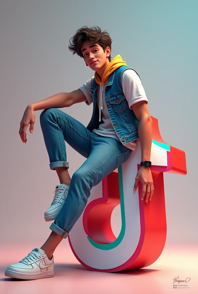 créez une illustration 3D d'un personnage aimée Assis de manière décontracté au-dessus d'un logo de media social « tik tok » le personnage doit porter des vêtements moderne et décontracté qu'une veste en jean et des chaussures de sport Nike air de couleur blanche. Le fônd de l'image est une page de profil du media social avec un nom d'utilisateur “Tarno Raoul/ 24k abonné" et une photo de profil qui correspond,