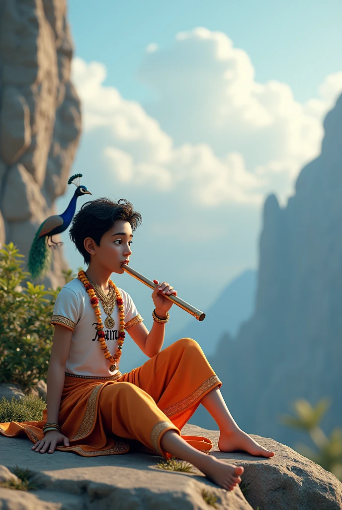 create a 3d image of 20 year old Indian devotional boy who is sitting next to krishna ji and Krishna ji playing the flute, they both sit together on the mountain,boy wearing T-shirt Name “Anand” written on it, heaven like beautiful view background, peacock dancing,realistic image and boy is in barefoot