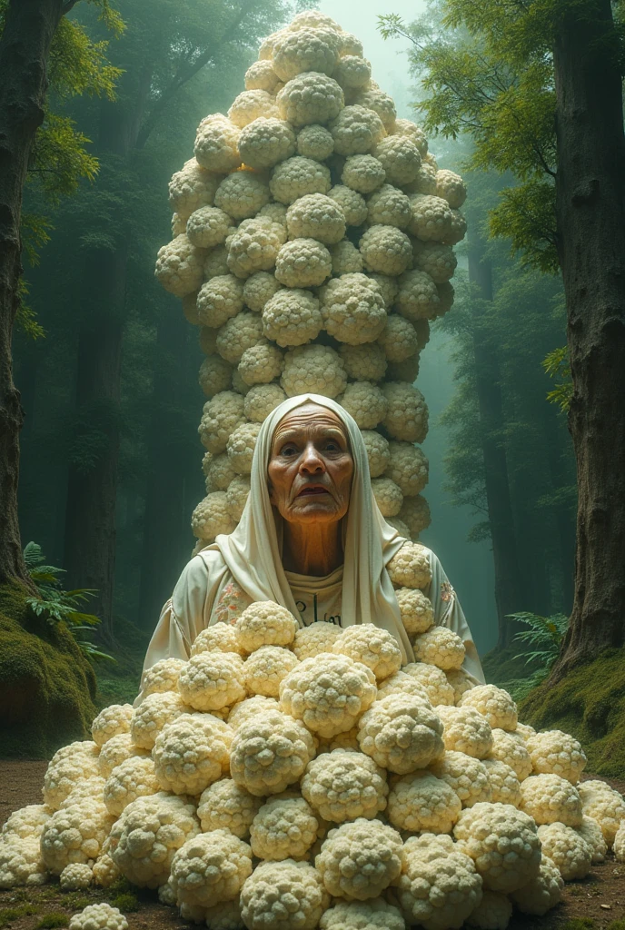 There are 1000 cauliflowers placed on a 120 year old woman on which Allah is written and on top of that a very big Allah is written and they are going into a wonderful forest.