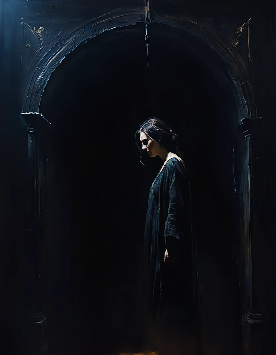 painting of a labyrinth, dark atmosphere, cinematic scene, volumetric lights, ultra realistic, in the style of nicola samori