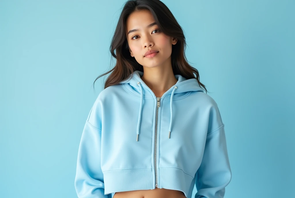 beautiful young woman hoodie mockup cropped hoodie mockup with zipper light blue background . Use Canon EOS 5D Mark IV with 24-70mm f/2.8 lens. Settings: ISO 100, f/8 aperture, and 1/125s shutter speed to capture sharp, brilliant images with wide depth of field.
