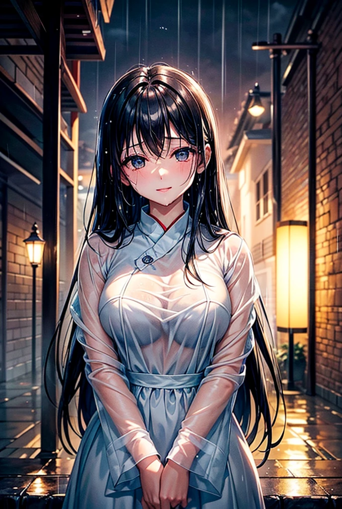 A night of drizzling rain、On a dimly lit road where an old street lamp casts a faint light、One woman standing。Wet black hair sticking to my face、Her eyes are somewhat lonely,、Staring provocatively at me。The white costume was wet with rain and stuck to the skin.、The soft curves are visible through the transparent fabric.。The figure is、Has a mysterious charm、It captures the hearts of those who see it and never lets go.。She smiled quietly、Cold, wet lips move slowly、A whispering sound reaches me on the wind。Her gaze is like、As if inviting me,、I can't escape that gaze。The closer you get,、I can feel the warmth of her skin peeking through the wet fabric.、The moment I tried to touch it、Her figure disappeared in an instant、Only the sound of rain remains。