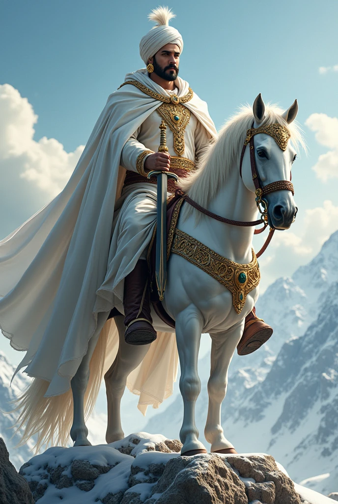 A king on his white horse in top of mountain, King having round moustache, no beared, round earrings, big sword in hands, wearing white turban white clothes, wearing Jewlleries.
