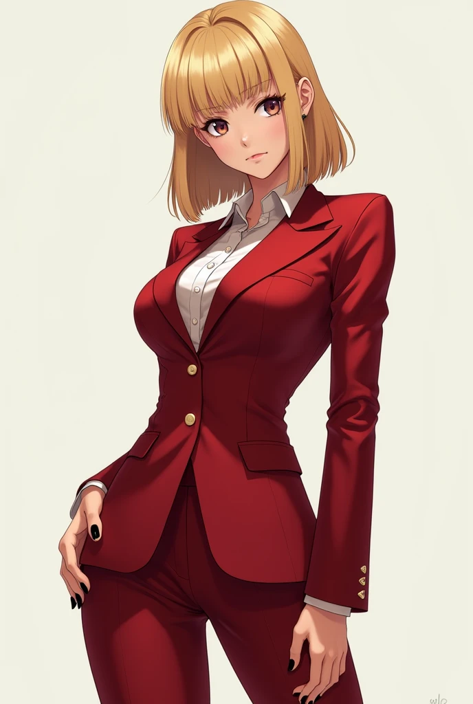 Anime businesswoman with blonde hair and red suit barefoot with black polished nails