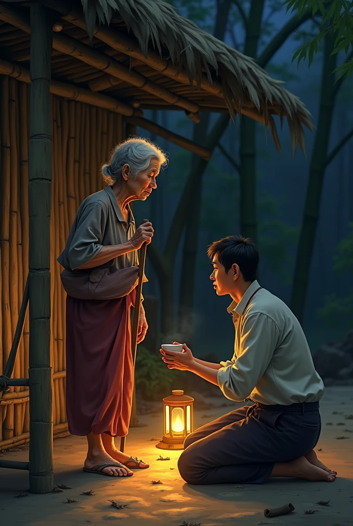 A stooped old Burmese grandmother Standing without a topcoat, bent over, holding a staff in her hand, looking straight ahead, a middle-aged man is kneeling and offering a cup of water to an old woman, only the back can be seen, inside a bamboo house at night.