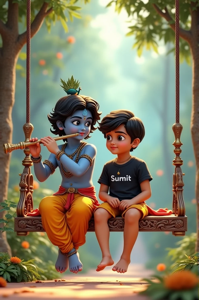 Create 3D image of 1 Indian devotional boy sitting next to Krishna ji and Krishna ji is playing flute, they both are on swing and swing is nicely decorated and sitting together, boy is wearing black color T-shirt with name “SUMIT” written on it, heaven like beautiful scene background, peacock dance, realistic image and boy is bare feet.