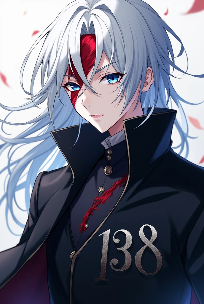 Create a male anime character with white hairs and eyes colour should be sky blue and wearing a black coat with symbol 138 and having a skin red colour scar on his face making him beautiful