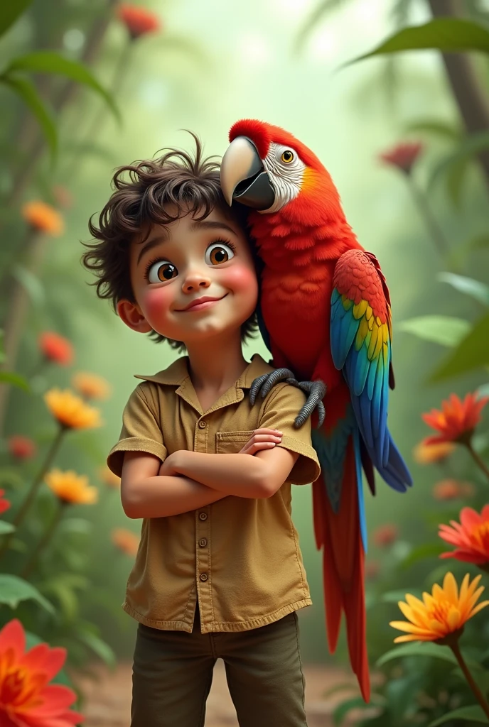 Parrot sit on child shoulder