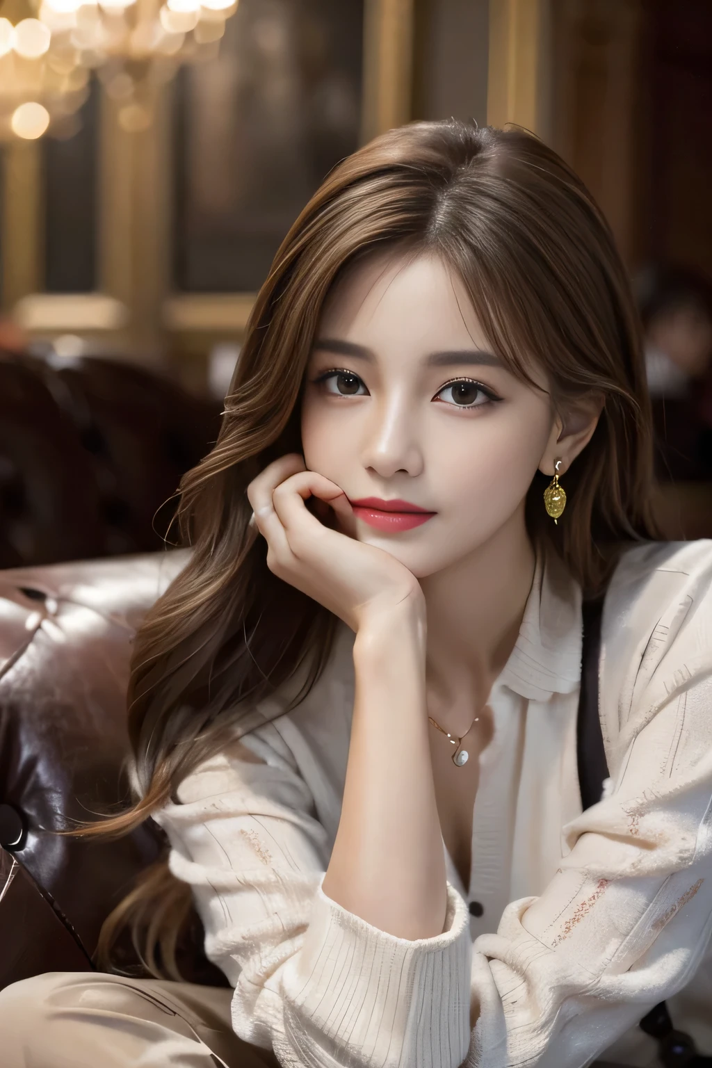 masterpiece, Highest quality, Realistic, Very detailed, Finer details, High resolution, 8k wallpaper, One beautiful woman, Wear a nice suit, In a great restaurant, At night, Light brown messy hair, Perfect dynamic composition, Beautiful and beautiful eyes、Big earrings、Sit on the sofa