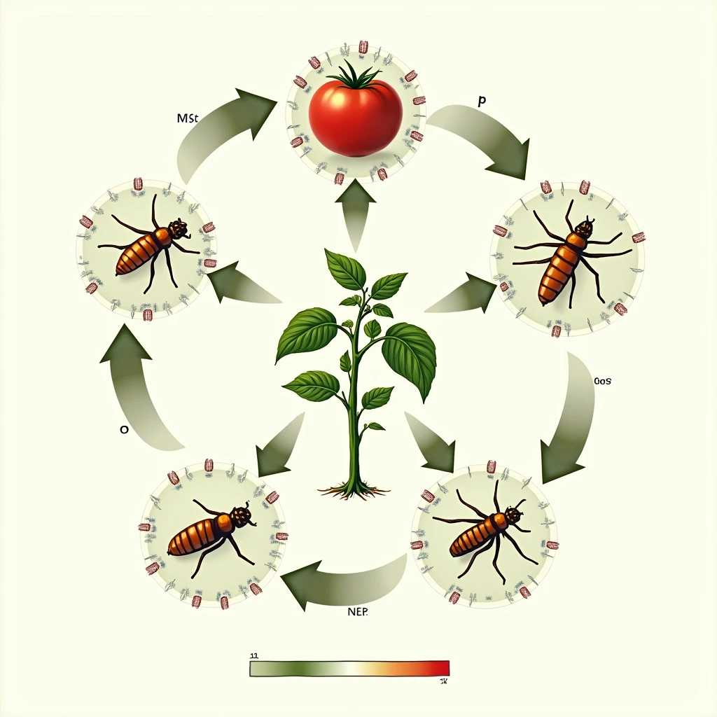 Diagram of the TSWV virus disease cycle: Host plants (tomato) Transmission by thrips (4 species) in the larval stage, Acquisition of the virus by thrips Maximum infectivity of thrips at 20-30 days, Virus multiplication in the vector, Thrips attracted to young plants (bright green color), Cycle repeats in new plants and areas.