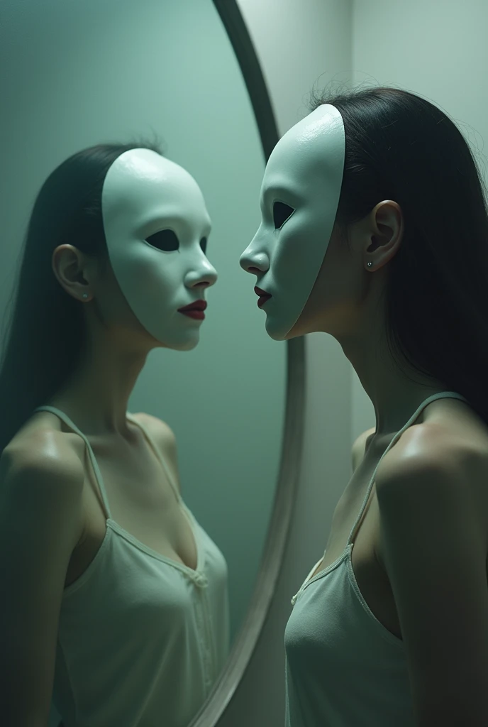 A woman with a white mime mask looking at herself in the mirror. surreal style