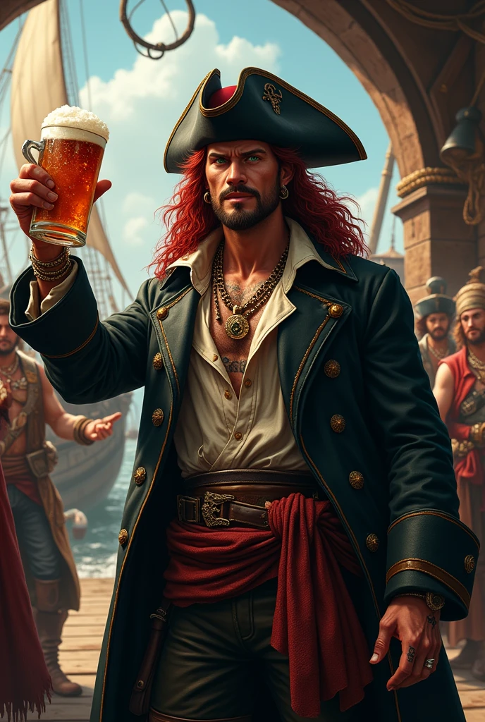 Generate the image of a pirate for a DnD campaign. A pirate with a scammer face. He has long dark red curly hair, he has no facial hair. His eyes are emerald green, and has a small scar on the bridge of his nose. He’s wearing a pirate hat in black leather, a long dark trench coat, under the coat a soft shirt half open, with an old leather filet. He’s wearing many bracelets and necklaces, he has many tattoo. He’s drinking and cheering at the pub with many other sailors, in the background a pirate harbor