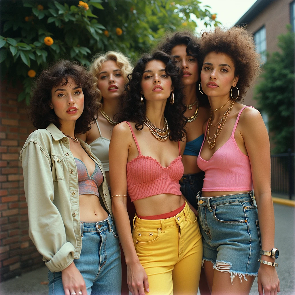 An analog film professional photograph of a ragtag group of female Goonies-style cover model glamour babes. The young adult, college-age women are dressed in 1980s fashion, with layered necklaces, colorful clothing, and curly hair. They are posing outdoors, with a brick wall and greenery in the background. The image has a warm, vintage hue.