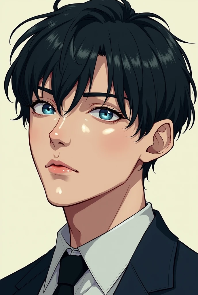 manhwa of a man, short black hair, the small, slanted, seductive eyes, pastel blue pupil, serious and relaxed expression