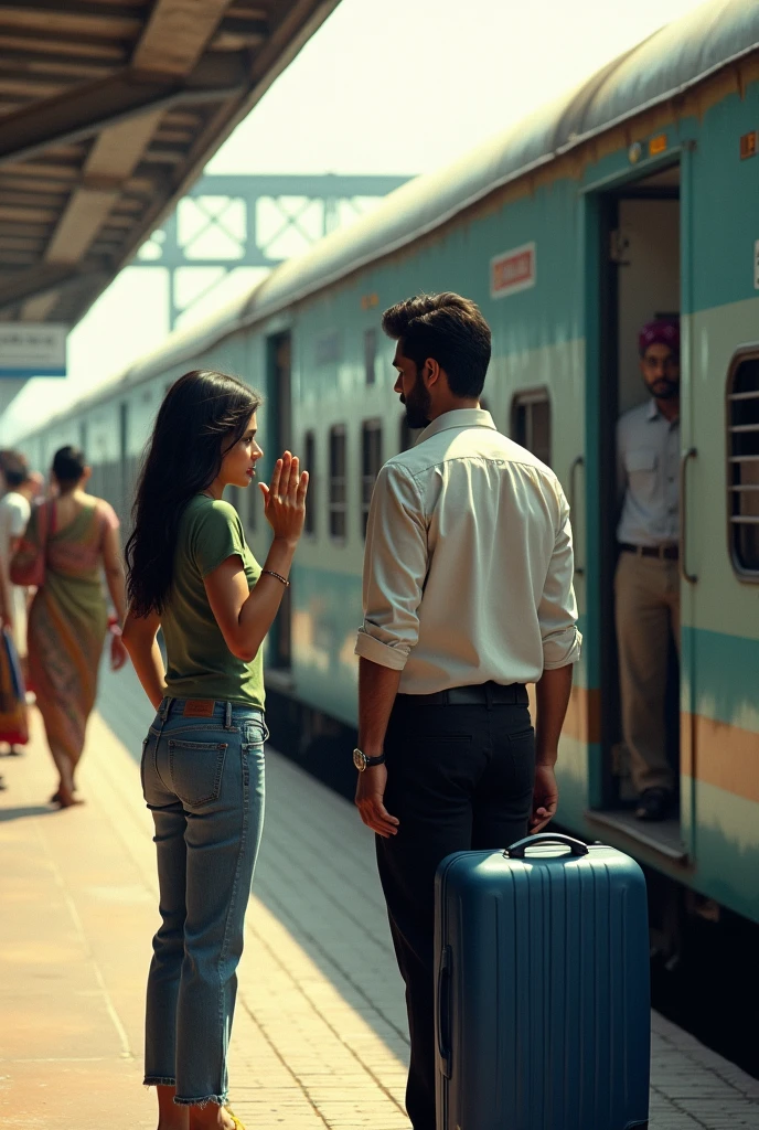 A couple in indian railway station and men are in the train door and train has out of station are slowly and women say good bye to him both are emotional for long distance and men had a trolly bag and women wear a baggy jins and green top and men wear a black formal paint and white shirt and men had a blue trolly bag