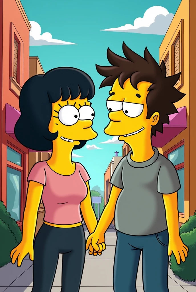 A Simpsons-type image of a white woman with black hair and a dark-haired man 
