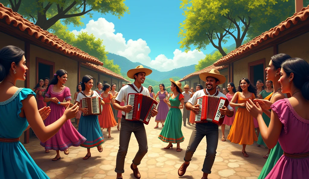 A vibrant outdoor scene in a small Colombian village during a lively Vallenato music performance. Musicians are playing traditional instruments like the accordion, caja, and guacharaca. The crowd is dancing joyfully in colorful, traditional clothing. The background features rustic houses with clay-tiled roofs, lush green trees, and a bright blue sky