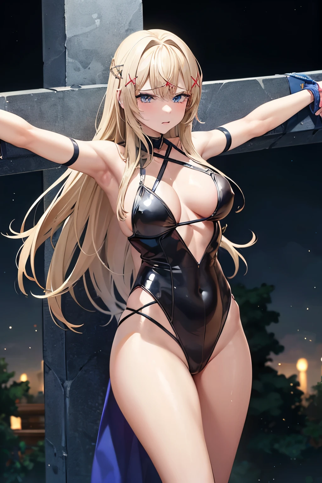 ((Crucifixion))、((Crucifixionにされた女性:1.5)) ,a beautiful young woman with blonde hair and blue eyes, 1 girl, eyes closed, restrained:1.2, bound to a cross, hands tied, shy, screaming, long golden hair:1.2, in a prison cell, cinematic lighting, vivid colors, extremely detailed face, アニメ, highly detailed:1.2, masterpiece:2.0, best quality:2.0, 8k:1.2